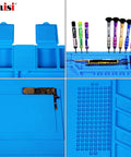 Heat Resistant Silicone Repair Mat With Built In Scale Ruler And Screw Positioning For Soldering Iron Phone And Computer Repair Size 17.7 By 11.8 Inches 124 Screw Holes 3 Covered Storage Pockets Keeps Workbench Safe From Heat with tools and components displayed.