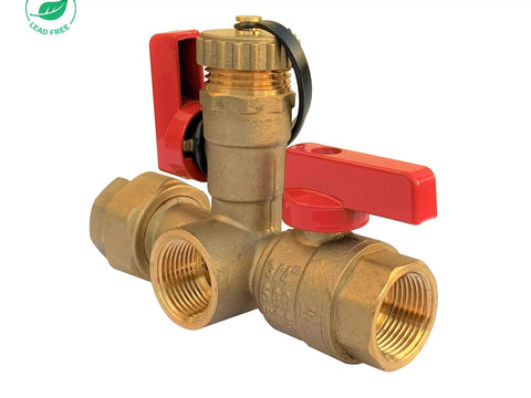 Three Quarter Inch IPS Isolator Tankless Water Heater Service Valve Kit with brass isolation valves and pressure relief valve