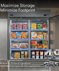 49 Cu Ft Commercial Freezer Double Door Reach In Stainless Steel Upright with multiple shelves holding frozen food items.