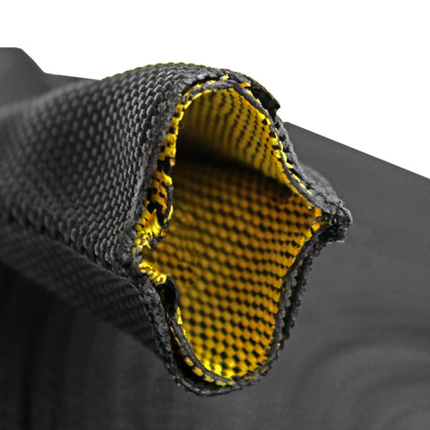 Close-up of One Inch Hydraulic Hose Burst Protection Sleeving Nylon Guard Sleeve 50 Feet Black With Yellow Inner Liner