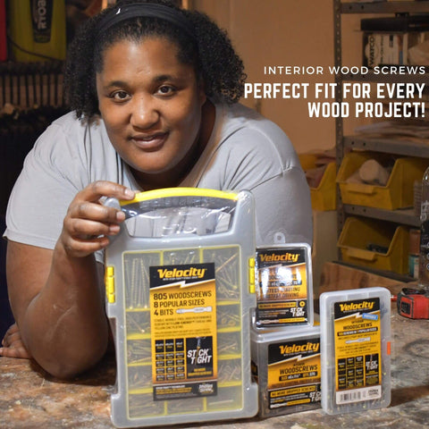 Person holding Interior Wood Screws Assortment Kit With Seven Sizes, Stick Tight Technology, Zinc Plated Carbon Steel.
