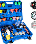 Grease Monkey Approved 31-Piece Coolant Pressure Tester Kit With 23 Radiator Adapters, pressure gauges and vacuum refill wand in blue case.