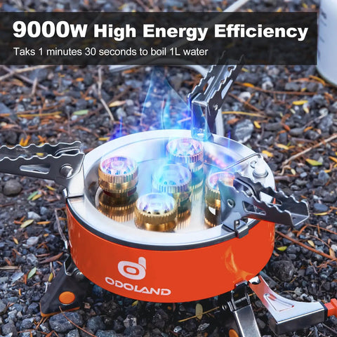 9000W Portable Camping Stove With Windproof Design in use on rocky ground, showing high energy flame efficiency.