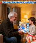 Grandfather and boy holding 15 Ft Bendable Race Car Track Set For Kids Roll Up Layout With Strong Suction Cups Compatible With One Sixty Fourth Diecast Cars Portable Speedway For Bathtub Windows Doors And Stairs Epic Birthday Gift For Boys And Girls Ages 3 as gift