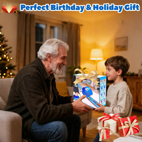 Grandfather and boy holding 15 Ft Bendable Race Car Track Set For Kids Roll Up Layout With Strong Suction Cups Compatible With One Sixty Fourth Diecast Cars Portable Speedway For Bathtub Windows Doors And Stairs Epic Birthday Gift For Boys And Girls Ages 3 as gift