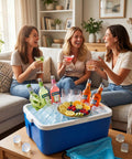 Women enjoying drinks beside a cooler filled with 450 Count 15 Lb Reusable Ice Cubes Bulk Set Keeps Drinks Cold Longer Without Dilution.