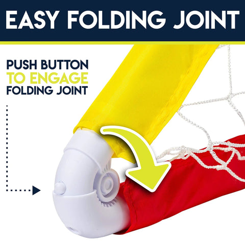 Detail of Kids Soccer Goal With Ball And Pump 24 By 16 Inch Easy Assemble Insta Set With Quick Fold Corner Joints in yellow and red.