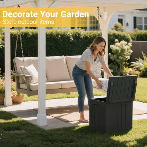 Outdoor 31 Gallon Storage Box With Lid for patio furniture organization under gazebo with woman placing cushions inside