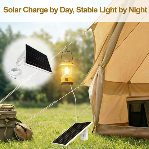 Eco Friendly 3W 5V Monocrystalline Solar Panel With Type C Interface, IP66 Waterproof Outdoor Charger beside a tent and lantern