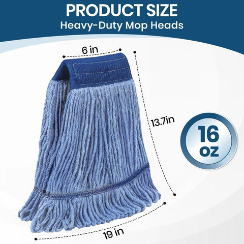 Heavy-Duty Mop Head 16 oz, 19 in wide, 13.7 in tall, showcasing Top Notch Heavy Duty Mop Kit Featuring Six Massive Cotton Replacement Heads And Two Rock Solid Handles For Smooth Cleanup Of Every Sticky Mess On Hard Floors.