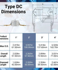 Dimensions chart for 2 Pack 2 Inch Lightweight Cam Lock Fittings Type DC with brass handles, highlighting size and material details.