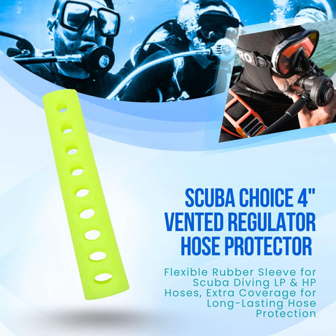 4 Inch Vented Regulator Hose Protector for Scuba Gear, yellow self-draining cover with holes on a blue scuba diving background