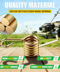Dethatcher Rake Spring Replacement 6 Pack For 16 Inch Dethatching Mower Blades on wooden surface with lawn backdrop.