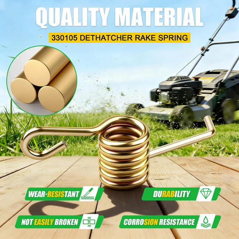 Dethatcher Rake Spring Replacement 6 Pack For 16 Inch Dethatching Mower Blades on wooden surface with lawn backdrop.