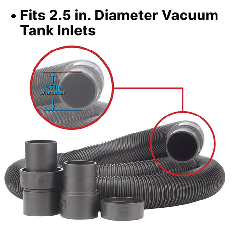 Heavy Duty Vacuum Hose 8 Feet Long By 2.5 Inch Diameter For Standard Or Locking Inlets No Fuss Quick Reach Flexible Vinyl Tube Prevents Clogging With Bulky Debris Tight Corners 1 Pack with black fittings