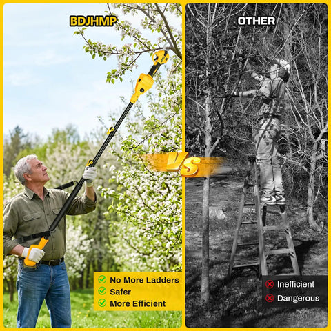 Cordless Electric Pruning Shears For DeWalt 20V Max Systems, Slick Brushless Garden Pruner, user trimming tree branches with a telescoping pole.