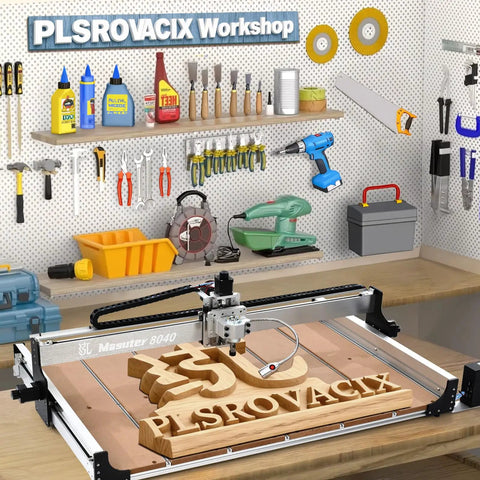 CNC Router Kit 800x400mm Three Axis Milling And Engraving System in workshop with tools, showcasing wood engraving project.
