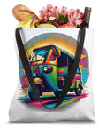 Vibrant Asian Rickshaw Tote Bag Featuring Bold Pop Art Illustrations Perfect For Tropical Getaways And Urban Roads filled with groceries.