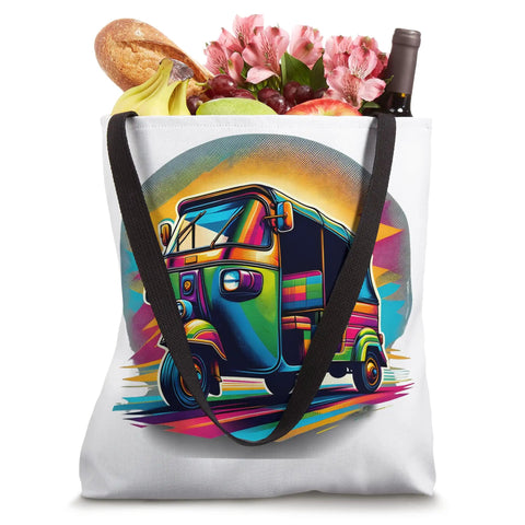 Vibrant Asian Rickshaw Tote Bag Featuring Bold Pop Art Illustrations Perfect For Tropical Getaways And Urban Roads filled with groceries.