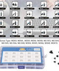 450 Piece Laptop Screws Kit With 15 Sizes M2 M2.5 M3 Replacement Screws For Notebook Computers And Electronics Repair Durable Carbon Steel Assortment With Storage Box displayed with labeled compartments and screws on laptop keyboard background.