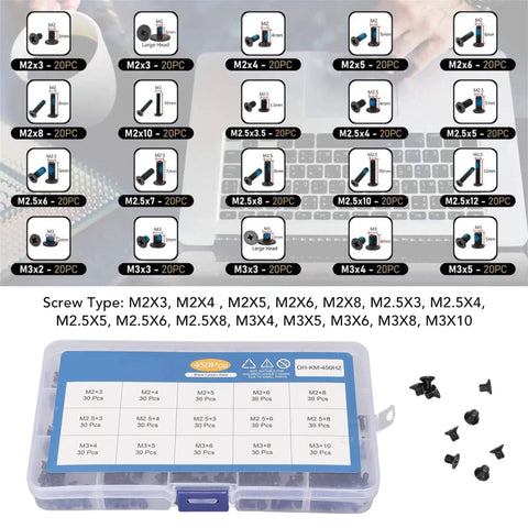 450 Piece Laptop Screws Kit With 15 Sizes M2 M2.5 M3 Replacement Screws For Notebook Computers And Electronics Repair Durable Carbon Steel Assortment With Storage Box displayed with labeled compartments and screws on laptop keyboard background.
