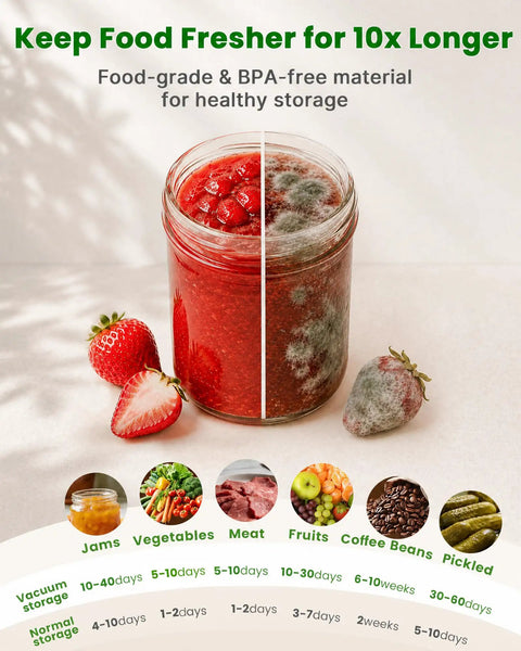 Comparison of fresh and moldy strawberries in a jar showcasing Mason Jar Vacuum Sealer Kit Cordless Auto Stop With 10 Lids