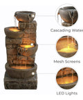 Outdoor Water Fountain With Led Lights, Cascading Bowls And Stacked Stone Look, Freestanding Floor Fountain For Patio, Front View