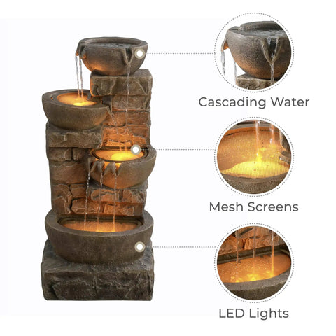 Outdoor Water Fountain With Led Lights, Cascading Bowls And Stacked Stone Look, Freestanding Floor Fountain For Patio, Front View