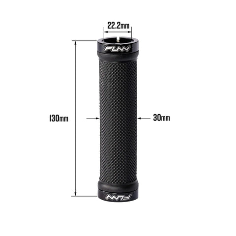 Black mountain bike grip showing measurements with dual lock clamp and diamond texture.