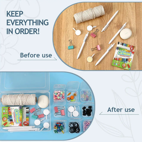 Clear Bead Organizer Kit With 30 Small Storage Containers showing "Before" and "After" usage for craft materials organization.