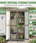 Store More In Less Space Slender Outdoor Storage Cabinet For Tight Spaces Tall Vertical Tool Organizer With Four Shelves And Long Handle Storage Weather Resistant Patio Cabinet For Backyard Garden And Side Yard Organization in garden setting with tools.