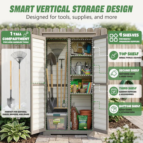 Store More In Less Space Slender Outdoor Storage Cabinet For Tight Spaces Tall Vertical Tool Organizer With Four Shelves And Long Handle Storage Weather Resistant Patio Cabinet For Backyard Garden And Side Yard Organization in garden setting with tools.