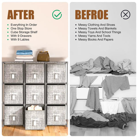 9 Cube Storage Organizer With Printed Fabric Drawers And Labels Large Capacity Cubby Shelf For Closet Living Room Dorm And Craft Yarn In Grey Go To Storage Solution For Tidy Spaces, showing organized shelves in contrast to messy space.