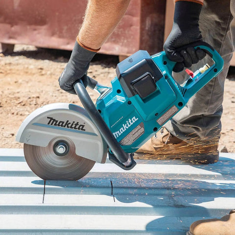 Straight Up Beast Mode 9 Inch Cordless Power Cutter With Brushless Motor cutting through concrete, sparks flying during use.