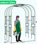 Person standing under Big Ol 7.22 Foot Tall Double Arch Garden Trellis For Climbing Plants And Flowers, showing size dimensions