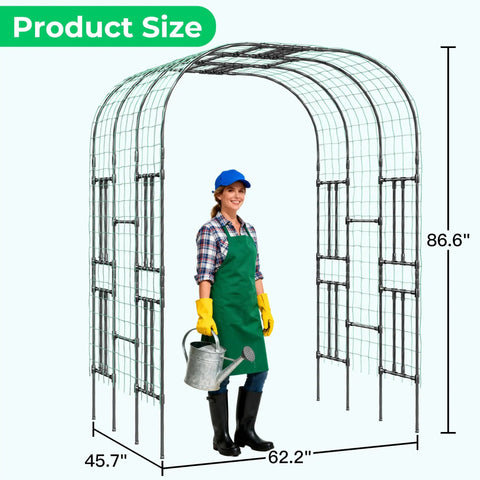 Person standing under Big Ol 7.22 Foot Tall Double Arch Garden Trellis For Climbing Plants And Flowers, showing size dimensions