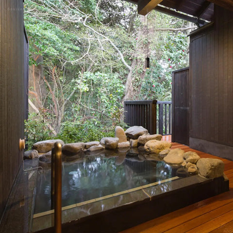 Outdoor hot spring with natural stone border surrounded by wooden walls and lush greenery