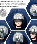 Disco Ball Helmet With Retractable Visor 5 Piece Glitter Mirror Jewelry Set, silver shine helmet on mannequin, party accessory