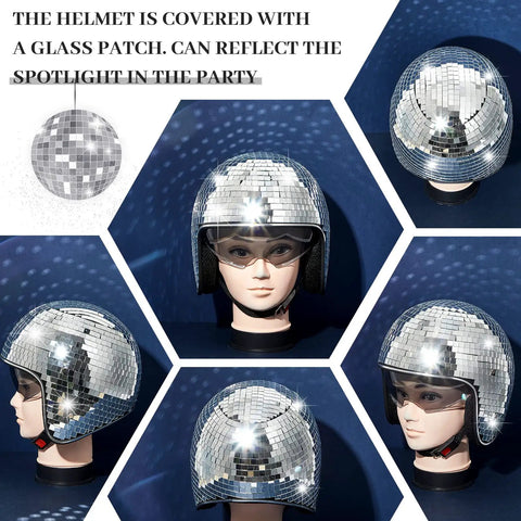 Disco Ball Helmet With Retractable Visor 5 Piece Glitter Mirror Jewelry Set, silver shine helmet on mannequin, party accessory