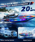 Fast RC Boat For Pool And Lake Hits 20 Plus MPH With 40 Plus Minute Run Time 7 LED Light Modes racing across waves with speed control.