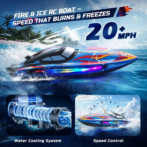 Fast RC Boat For Pool And Lake Hits 20 Plus MPH With 40 Plus Minute Run Time 7 LED Light Modes racing across waves with speed control.