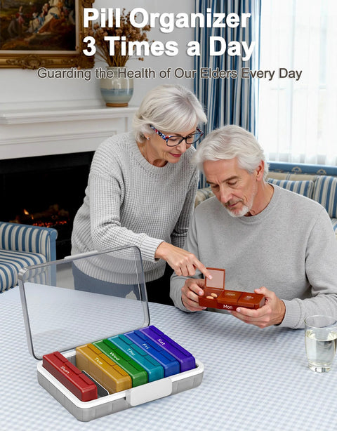 Pill organizer with seven rainbow-colored weekday compartments and clear lid.