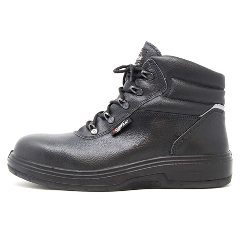 Side view of black Heat Resistant Asphalt Work Shoes with Composite Safety Toe, breathable leather and nitrile rubber outsole