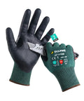 ANSI A9 Cut Resistant Work Gloves for Men and Women, 2 Pairs, PU Coated Palms, Green Large shown holding a sharp blade.
