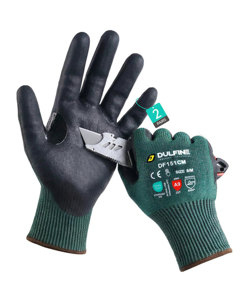 ANSI A9 Cut Resistant Work Gloves for Men and Women, 2 Pairs, PU Coated Palms, Green Large shown holding a sharp blade.