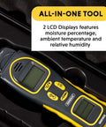 Pin And Pinless Moisture Meter With Temperature And Humidity Water Leak Detection Tool For Homes Mold Prevention And Drywall Repair Fast Accurate Moisture Readings For DIYers And Renovations with dual LCD in black case.