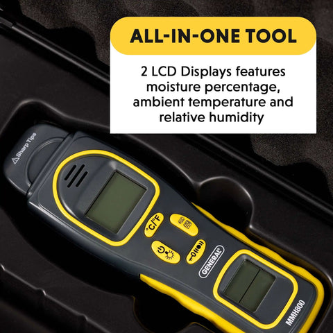 Pin And Pinless Moisture Meter With Temperature And Humidity Water Leak Detection Tool For Homes Mold Prevention And Drywall Repair Fast Accurate Moisture Readings For DIYers And Renovations with dual LCD in black case.