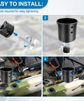 Installation steps for Kayak Track Mount Hardware Kit With Convertible Knobs on a kayak, showing components and attachment process.