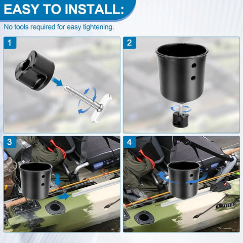 Installation steps for Kayak Track Mount Hardware Kit With Convertible Knobs on a kayak, showing components and attachment process.