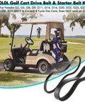 Heavy Duty Golf Cart Drive Belt And Starter Generator Belt for Yamaha G2 to G29 4 Cycle Gas Carts, two-piece kit shown.
